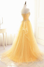 Light Yellow Beaded Tulle Long Party Dress Prom Dress, Yellow Formal Dress