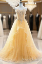 Light Yellow Beaded Tulle Long Party Dress Prom Dress, Yellow Formal Dress