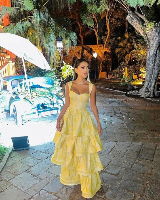 Light Yellow Ruffle Tiered A-Line Long Party Dress Prom Gown Evening Gown Main image
