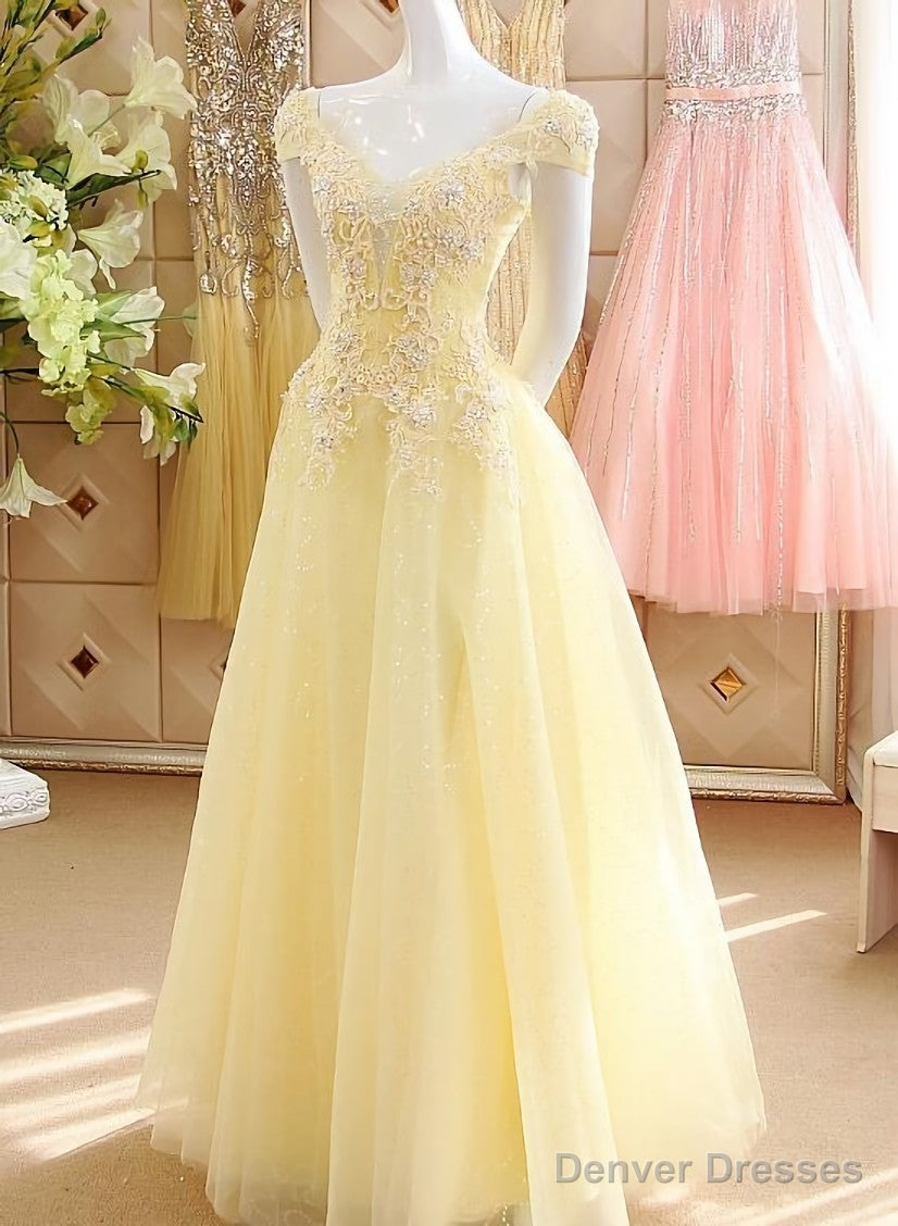 Light Yellow Tulle Cap Sleeves with Lace Applique Prom Dress, Yellow Long Evening Dress Main image