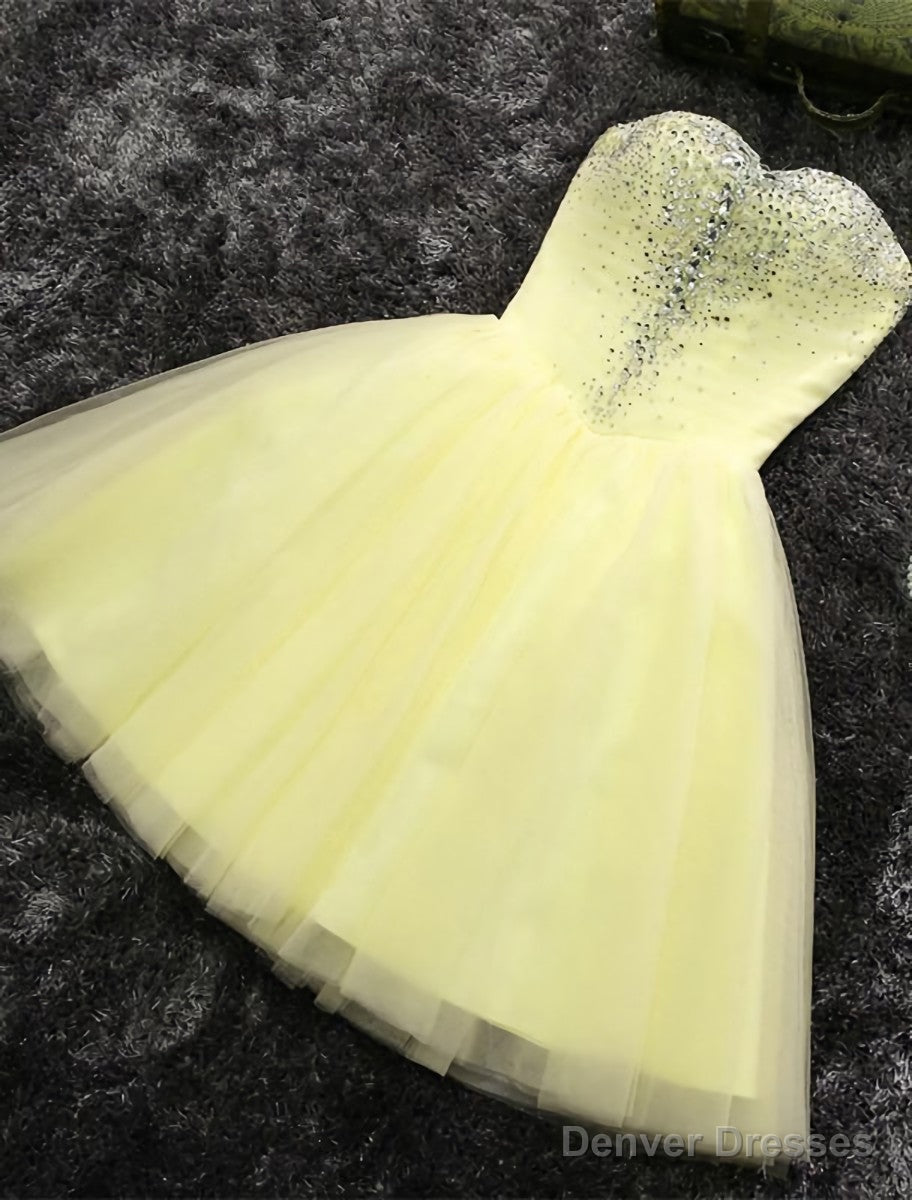Light Yellow Tulle Short Beaded Sweetheart Homecoming Dress, Tulle Short Formal Dress Main image