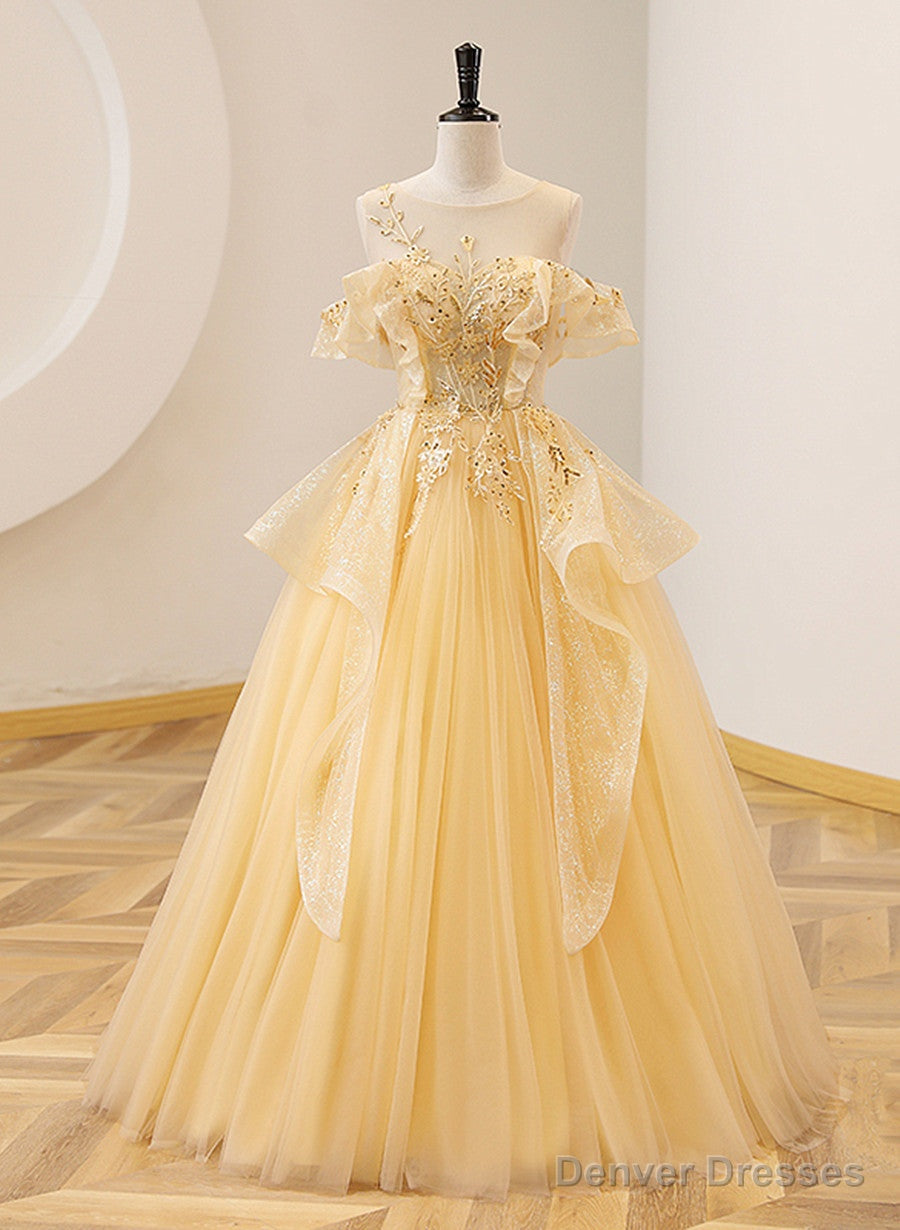 Light Yellow Tulle with Beadings and Lace Party Dress, Yellow Tulle Prom Dress Main image