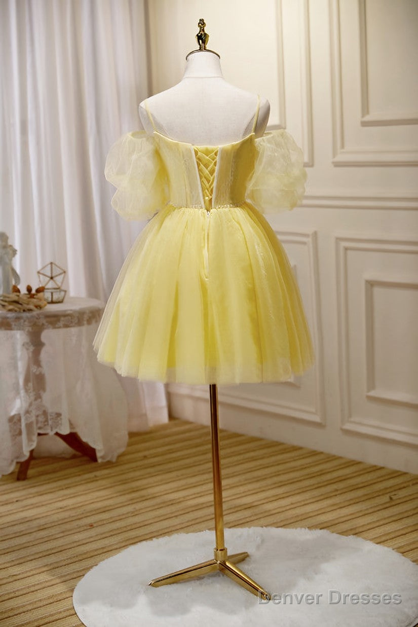 Light Yellow Tulle with Lace Puffy Sleeves Party Dress, Yellow Homecoming Dresses