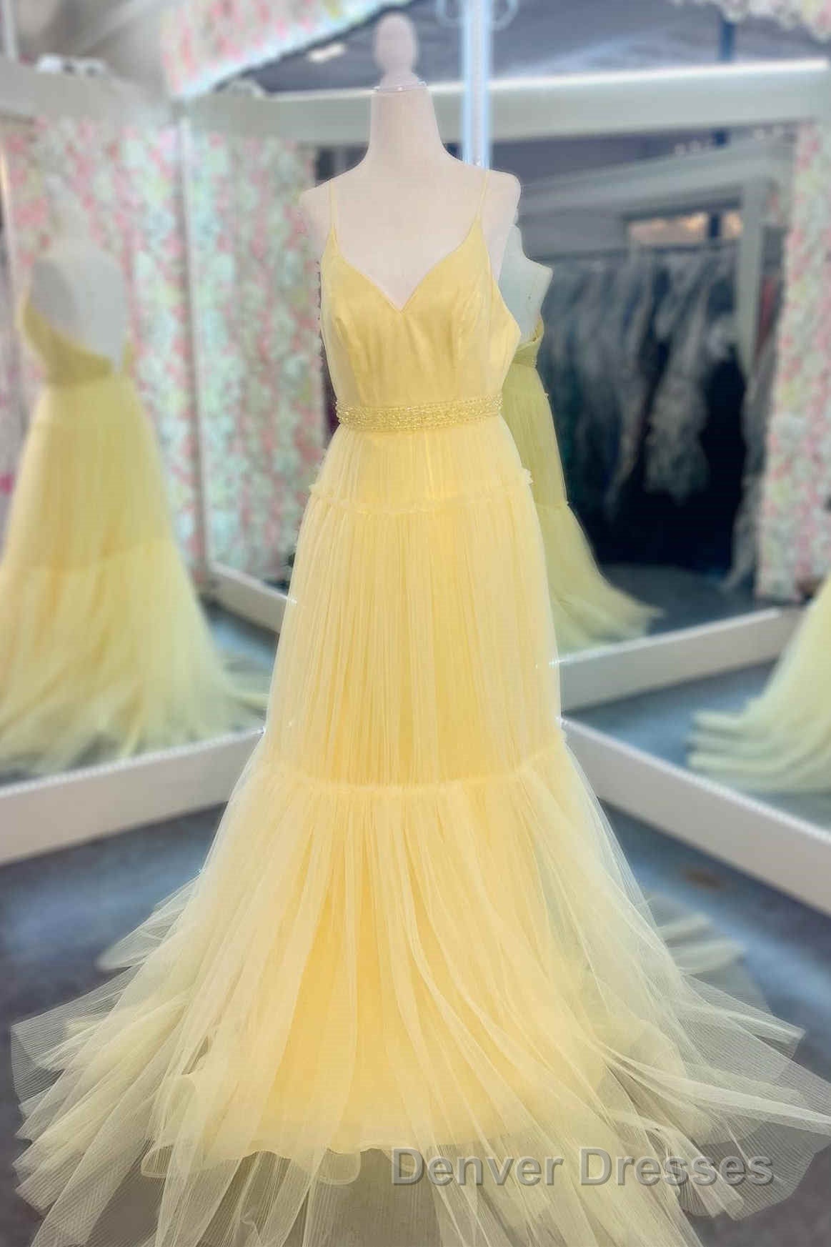 Light Yellow V-Neck Tulle A-Line Long Prom Dress Secondary image