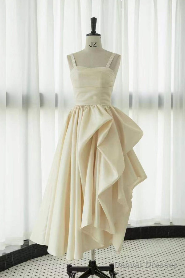 Ankle Length Straps Prom Dress, Satin Homecoming Gown with Beads Main image