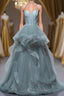 Gray Spaghetti Straps Tulle Princess Formal Evening Party Dress Long Formal Prom Dress