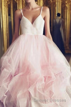 Light Pink Spaghetti Straps Tulle Long Prom Formal Dress, Puffy Party Dress