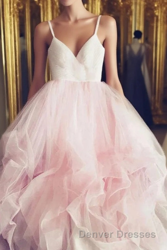 Light Pink Spaghetti Straps Tulle Long Prom Formal Dress, Puffy Party Dress