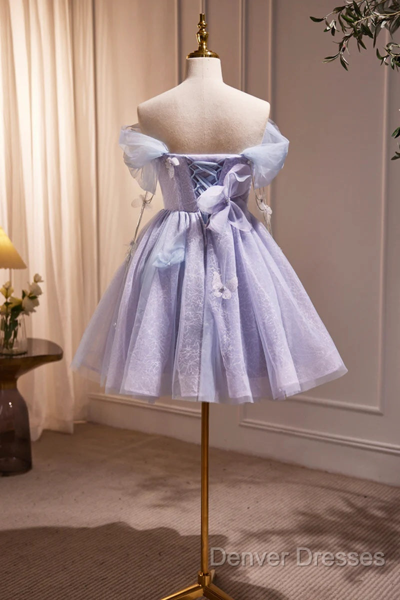 Lightpurple Tulle Off Shoulder Short Prom Dress, Cute A-Line Off Shoulder Homecoming Dress Secondary image