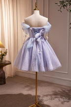 Lightpurple Tulle Off Shoulder Short Prom Dress, Cute A-Line Off Shoulder Homecoming Dress