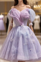 Lightpurple Tulle Off Shoulder Short Prom Dress, Cute A-Line Off Shoulder Homecoming Dress