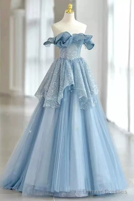 Light Sky Blue Off the Shoulder Tulle Prom Dress, Sparkly Long Party Gown Main image