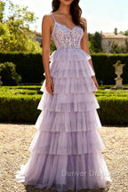 Lilac A Line Beaded Corset Tiered Long Prom Dress with Slit