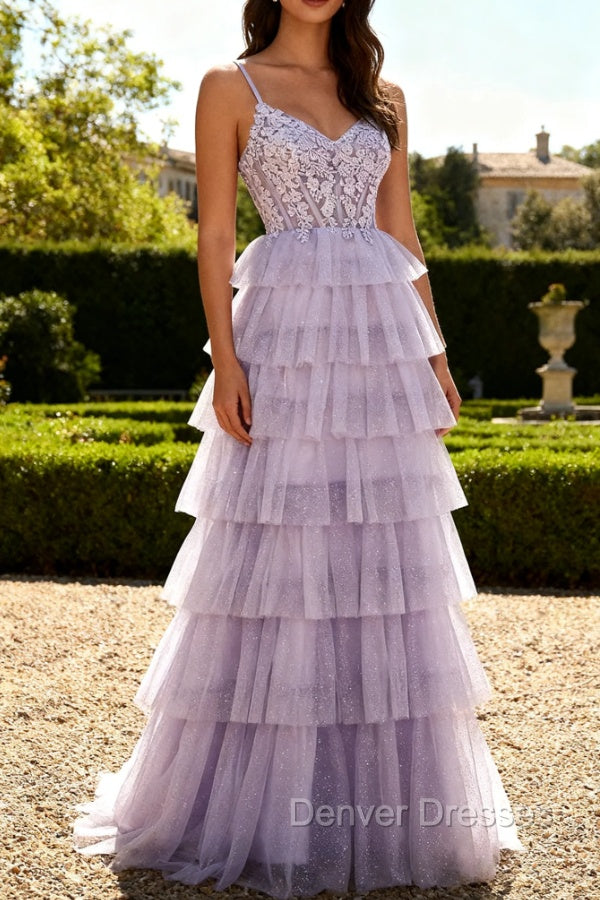 Lilac A Line Beaded Corset Tiered Long Prom Dress with Slit