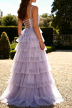 Lilac A Line Beaded Corset Tiered Long Prom Dress with Slit