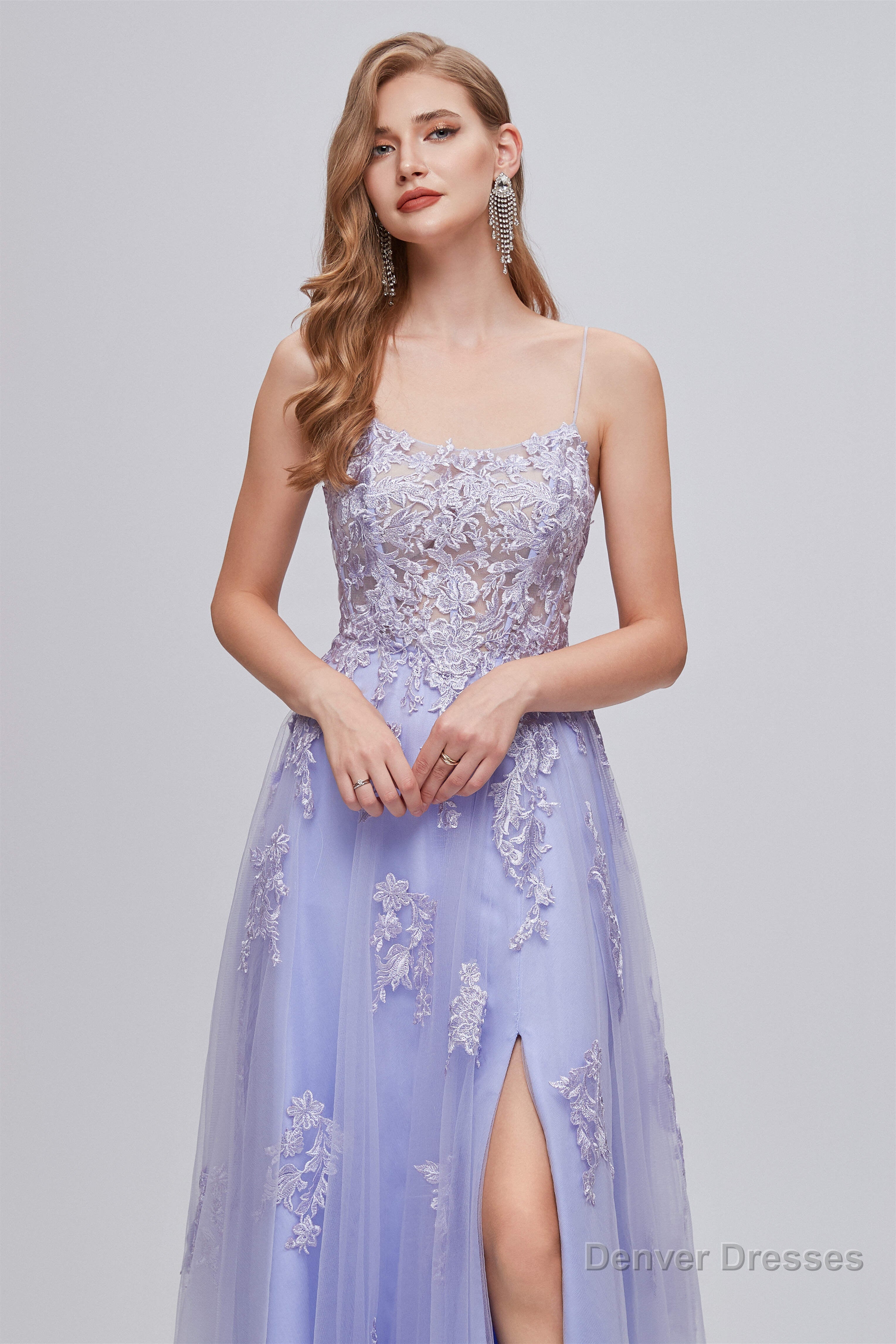Lilac Appliques Lace-Up A-Line Long Prom Dresses with Slit Main image