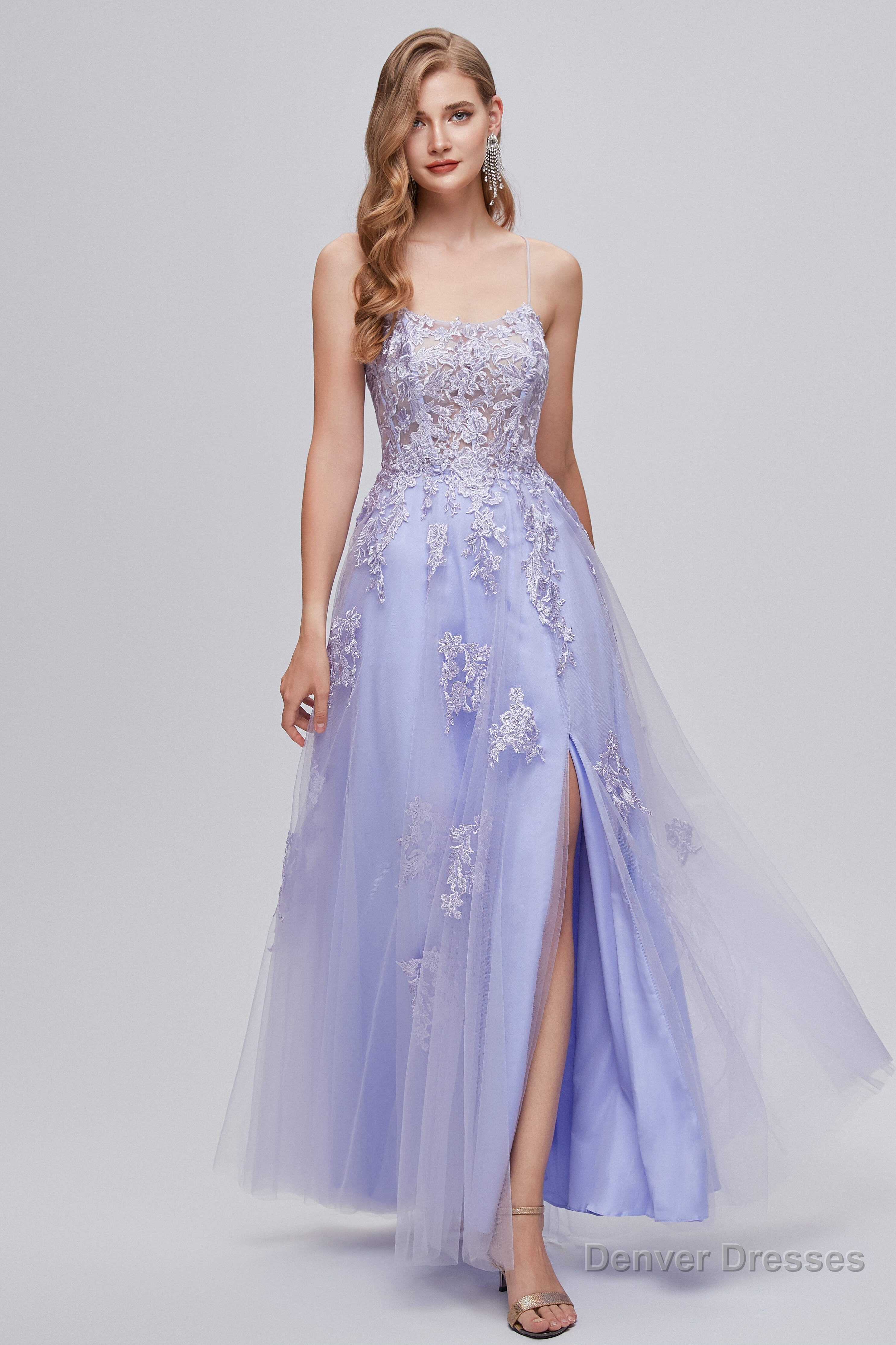 Lilac Appliques Lace-Up A-Line Long Prom Dresses with Slit