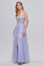 Lilac Appliques Lace-Up A-Line Long Prom Dresses with Slit