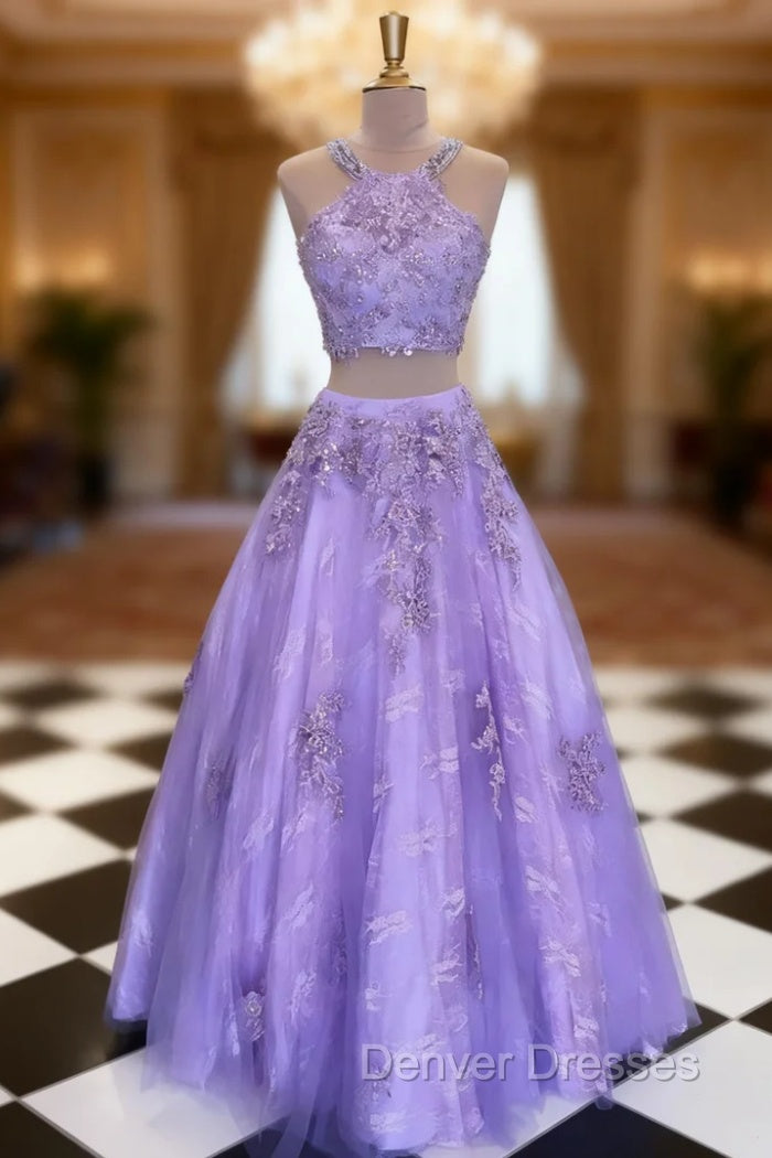 Lilac Ball Gown Scoop Neck Sleeveless Long/Floor-Length Tulle Prom Dress With Appliqued Beading Main image