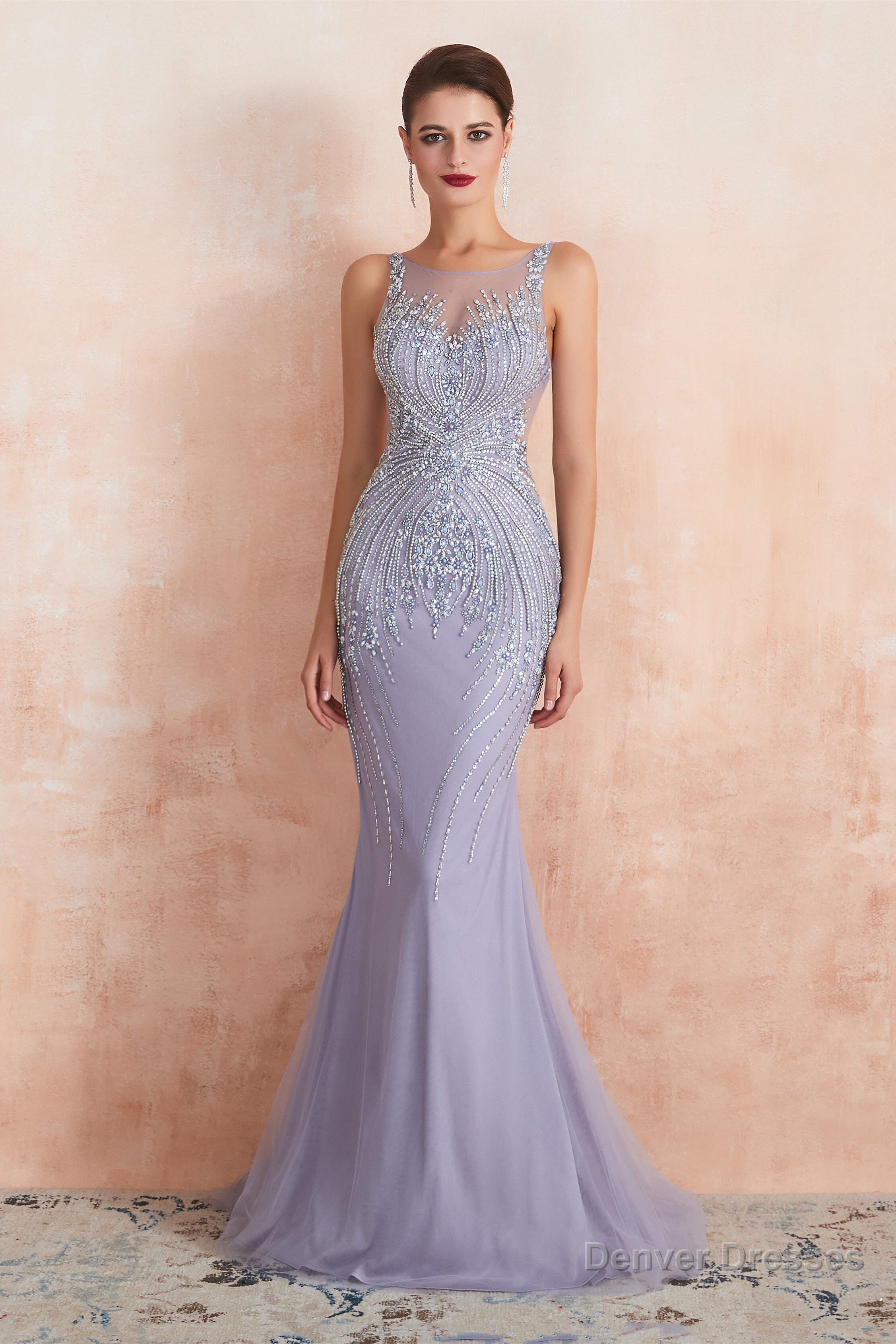 Lilac Fitted Mermaid V-Neck Long Prom Dresses Main image