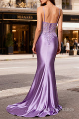 Lilac Floral Mermaid Corset Long Prom Dress with Slit