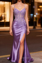 Lilac Floral Mermaid Corset Long Prom Dress with Slit