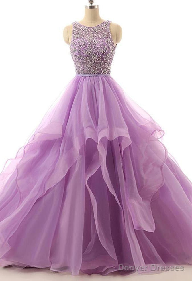 Lilac Lace Beaded Long Organza Quinceanera Ball Gowns Main image