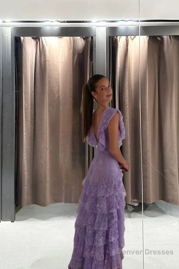 Purple Lace Long Prom Dresses Backless Evening Dress Stunning Maxi Dress