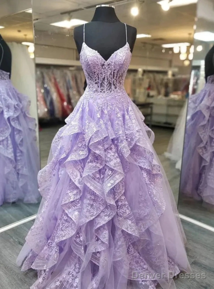 Lilac Lace Spaghetti Straps Prom Dress Main image