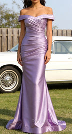 Lilac Mermaid Off the Shoulder Ruched Long Prom Dress