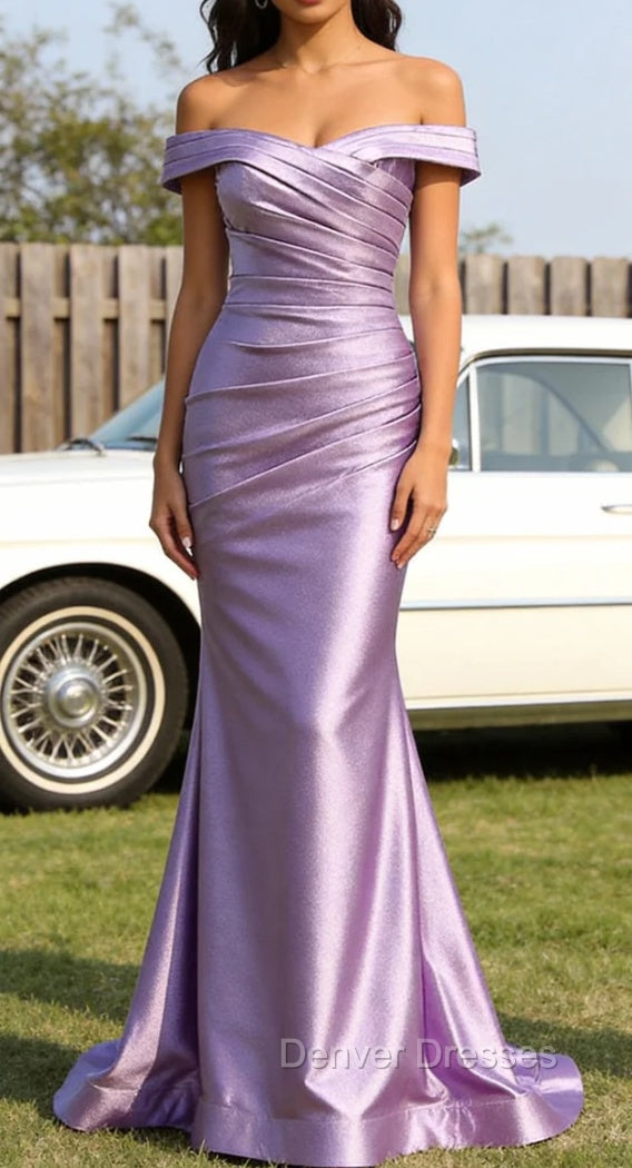 Lilac Mermaid Off the Shoulder Ruched Long Prom Dress