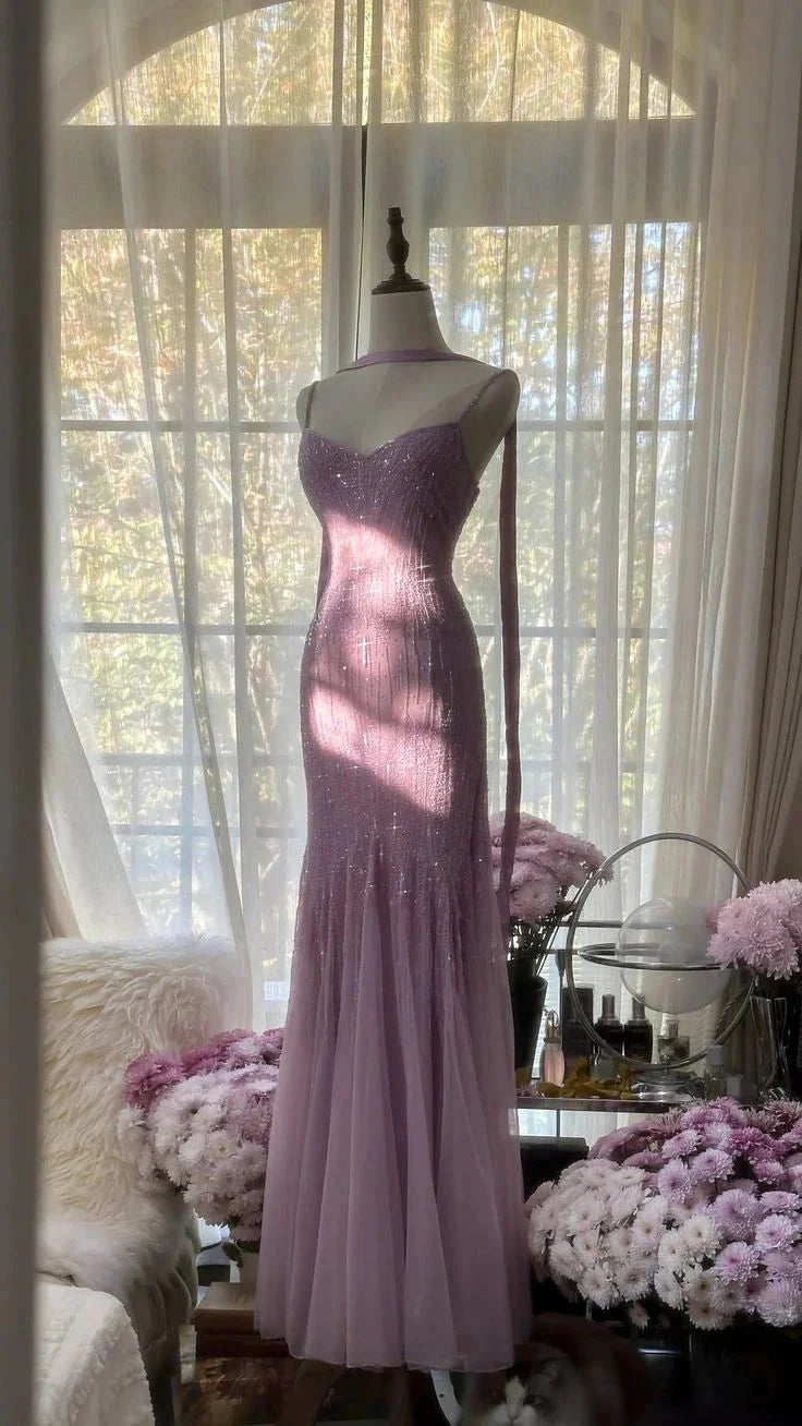 Lilac Mermaid Spaghetti Strap Beaded Chiffon Long Prom Dress Graduation Prom Dress