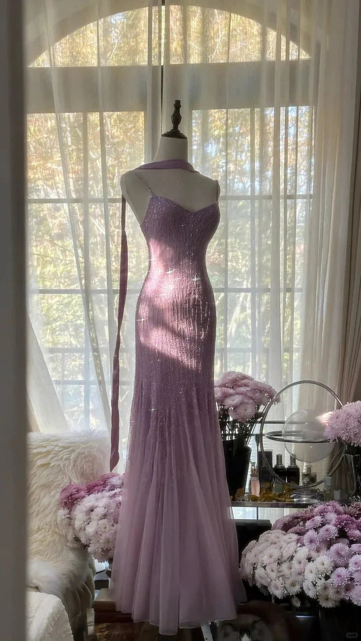 Lilac Mermaid Spaghetti Strap Beaded Chiffon Long Prom Dress Graduation Prom Dress
