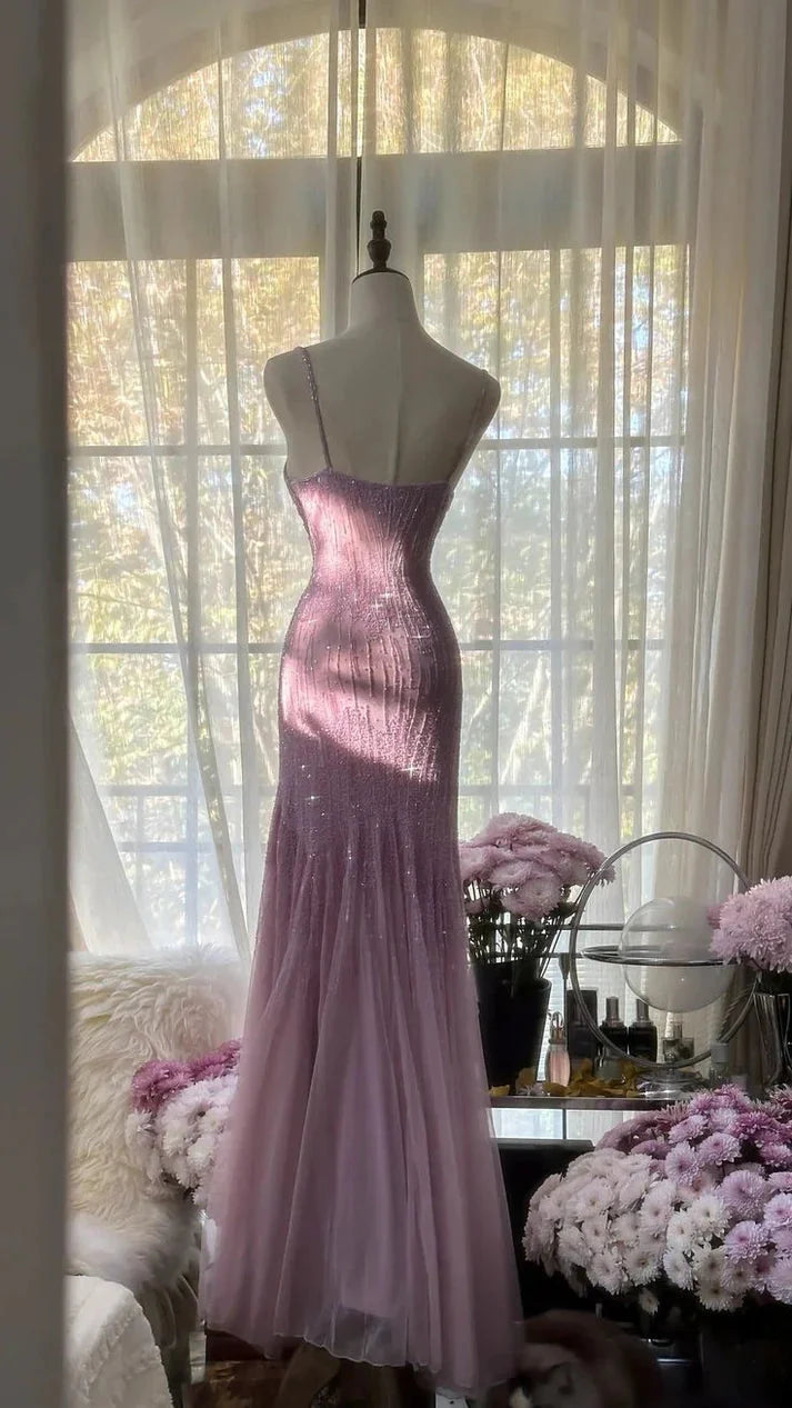 Lilac Mermaid Spaghetti Strap Beaded Chiffon Long Prom Dress Graduation Prom Dress