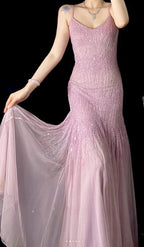 Lilac Mermaid Spaghetti Strap Beaded Chiffon Long Prom Dress Graduation Prom Dress