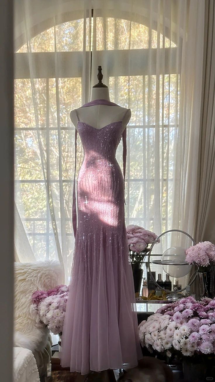 Lilac Mermaid Spaghetti Strap Beaded Chiffon Long Prom Dress Graduation Prom Dress Main image