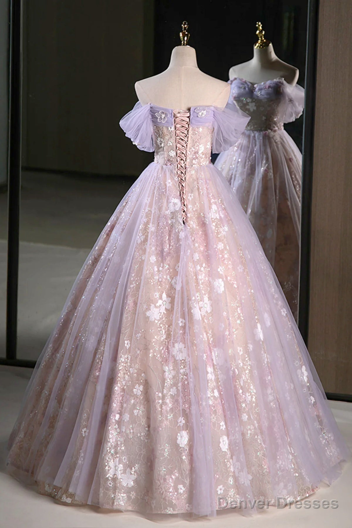 Lilac Off The Shoulder Tulle A Line Prom Dress With Appliques