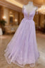 Lilac Prom Dress, A-line V Neck Spaghetti Straps Long/Floor-Length Lace Tulle Prom Dress