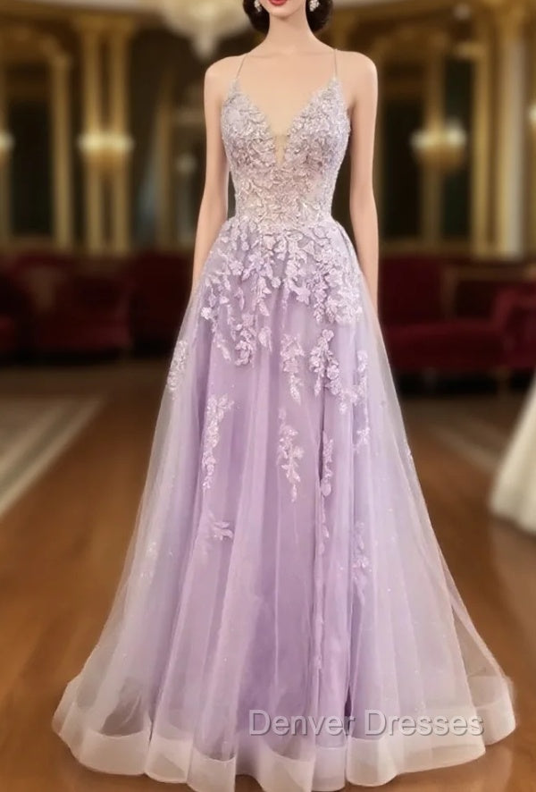Lilac Prom Dress, A-line V Neck Spaghetti Straps Long/Floor-Length Tulle Prom Dress With Appliqued Sequins Main image