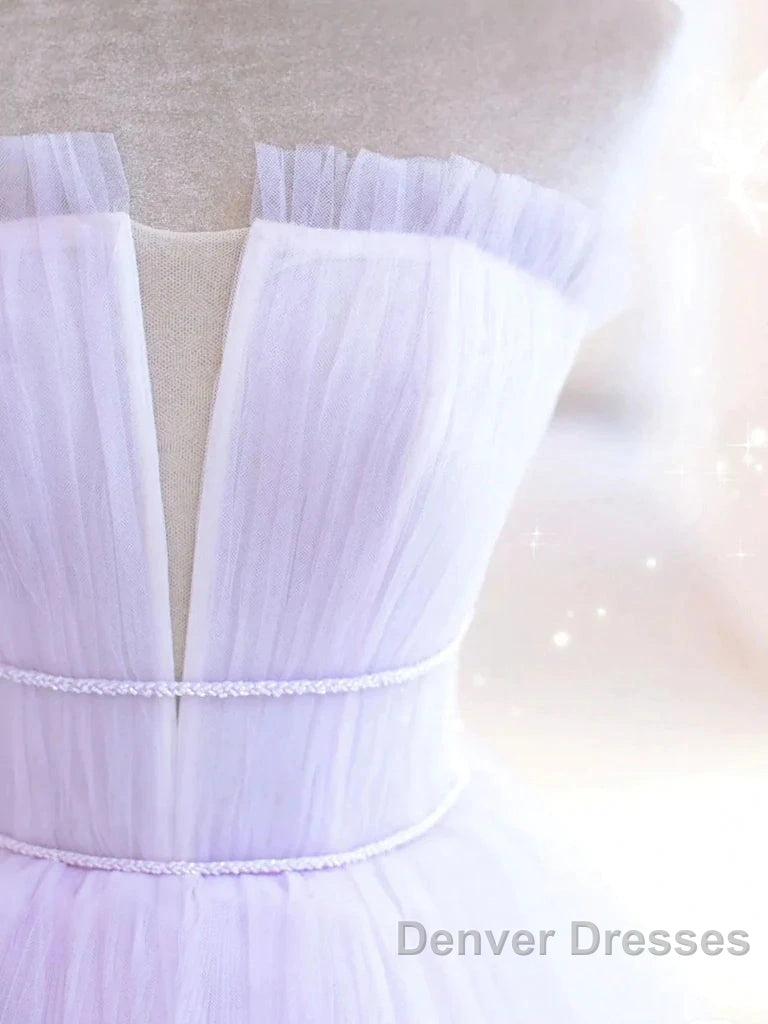 Lilac Purple Strapless Tulle Sheer A Line Prom Dress