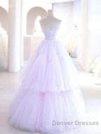 Lilac Purple Strapless Tulle Sheer A Line Prom Dress