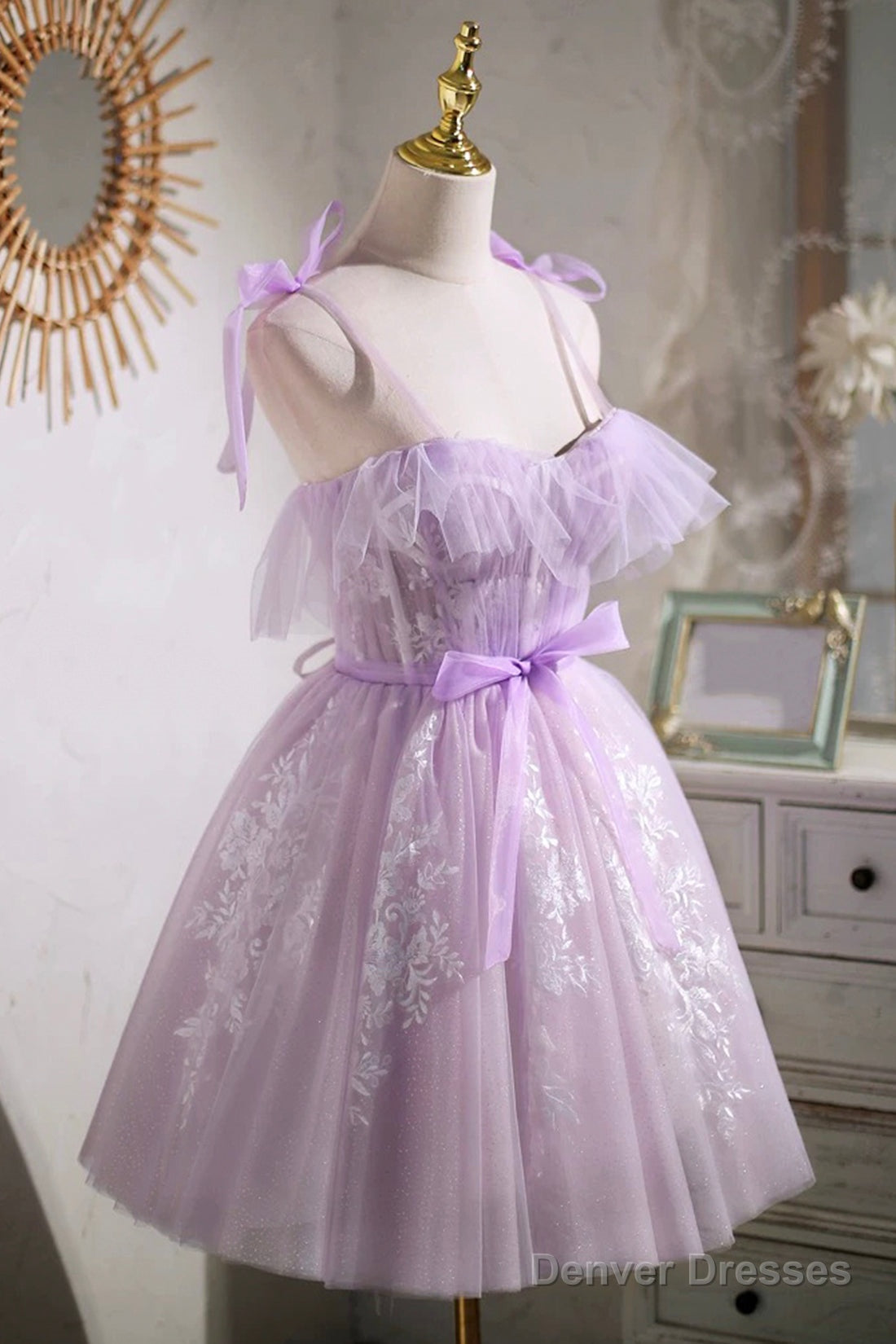 Lilac Spaghetti Strap Tulle Lace Short Prom Dress, Lovely A-Line Party Dress Secondary image