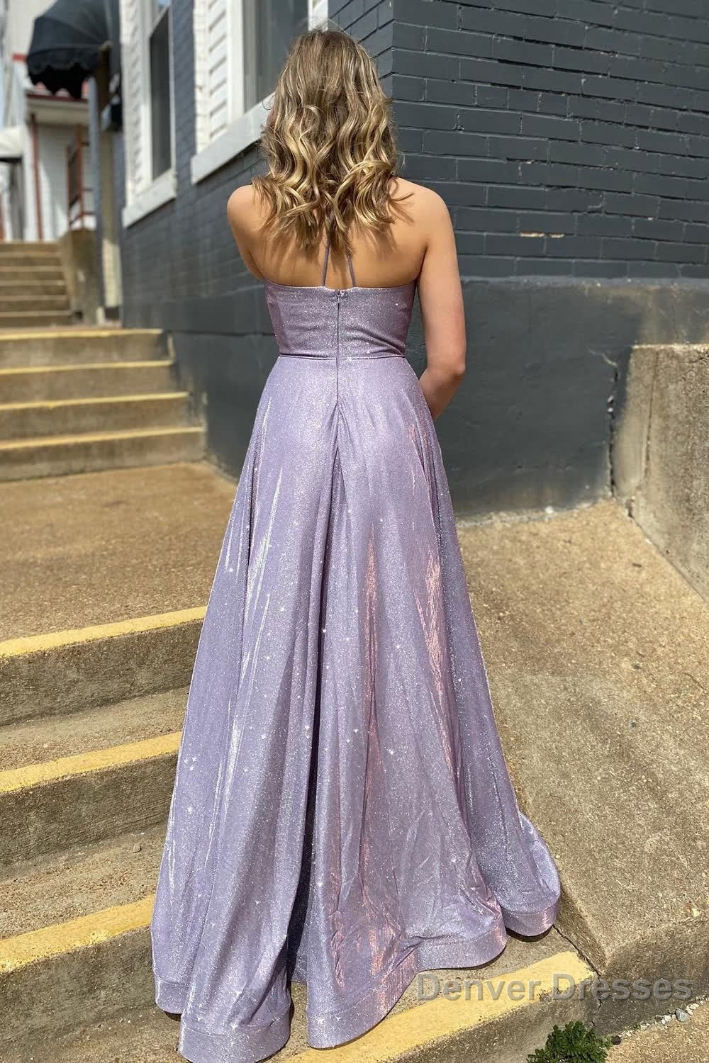 Lilac Spaghetti Straps Long Prom Dress with Pockets Secondary image