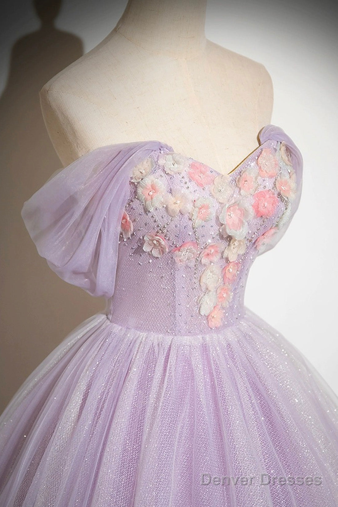 Lilac Strapless Tulle Long Prom Dresses With Flowers, Lilac Off The Shoulder Formal Evening Dresses Secondary image