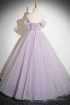 Lilac Strapless Tulle Long Prom Dresses With Flowers, Lilac Off The Shoulder Formal Evening Dresses