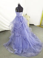 Lilac Tull Lace Applique Ball Gown Straps Long Prom Dress Elegant Evening Dress