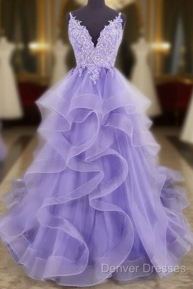 Lilac Tull Lace Applique Ball Gown Straps Long Prom Dress Elegant Evening Dress Main image