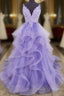 Lilac Tull Lace Applique Ball Gown Straps Long Prom Dress Elegant Evening Dress
