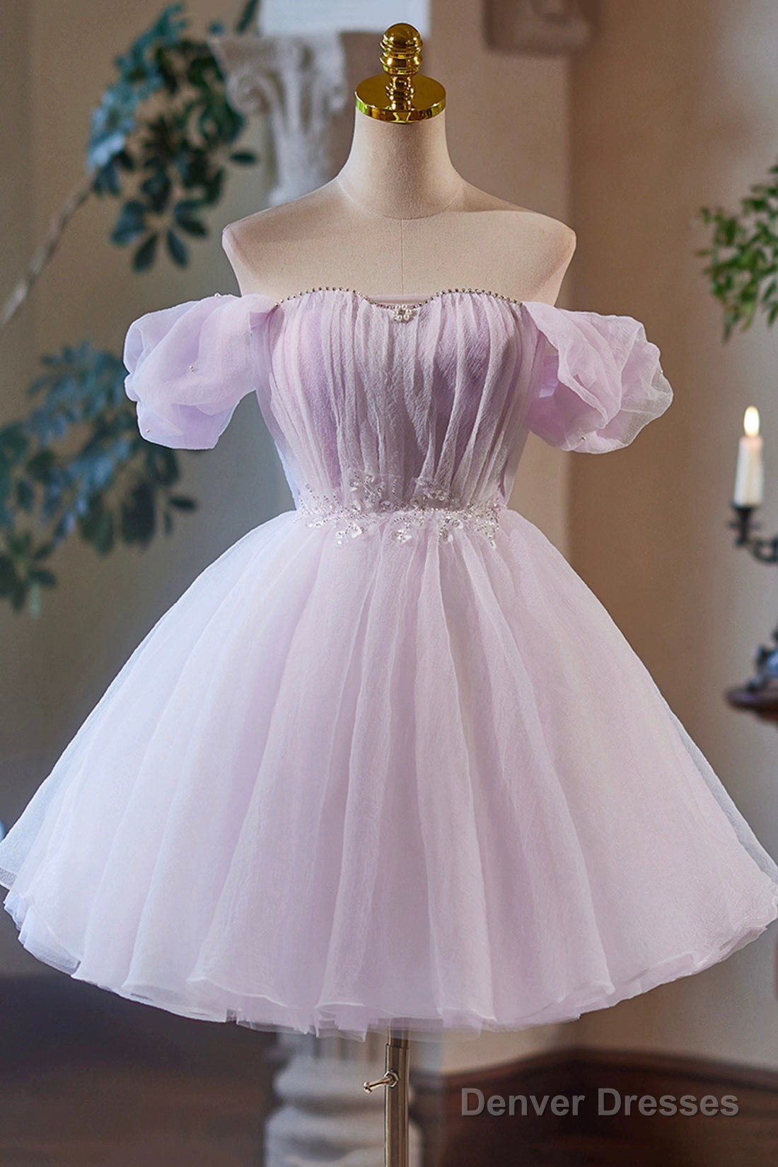 Lilac Tulle Knee Length Party Dress, Lovely A-Line Off The Shoulder Evening Dress Main image