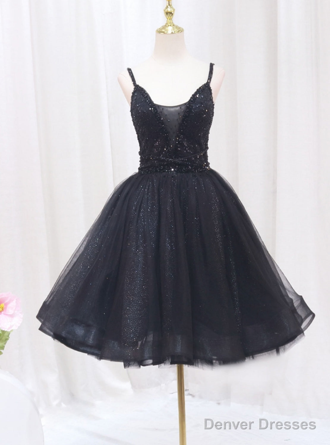 Litter Black Tulle Sequins Spaghetti Straps Homecoming Dress Main image